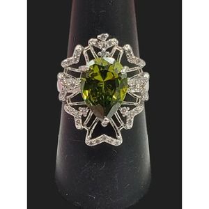 Vintage Tear Drop Peridot Stone Style Green Crystal 925 Silver Ring Sz 8.5